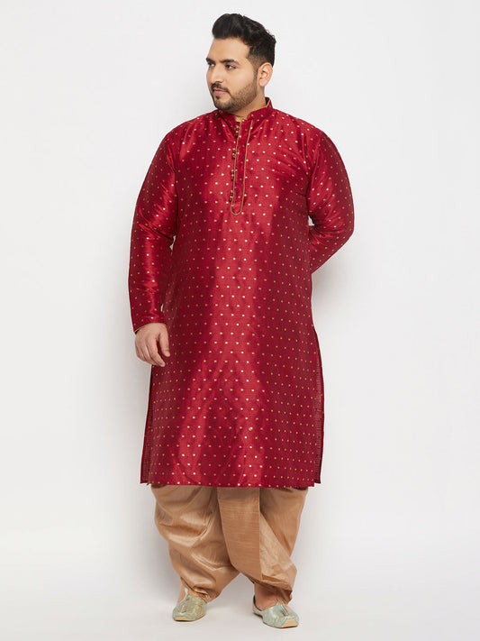 vastramay mens plus size maroon cotton silk blend kurta and rose gold pleated dhoti pant set