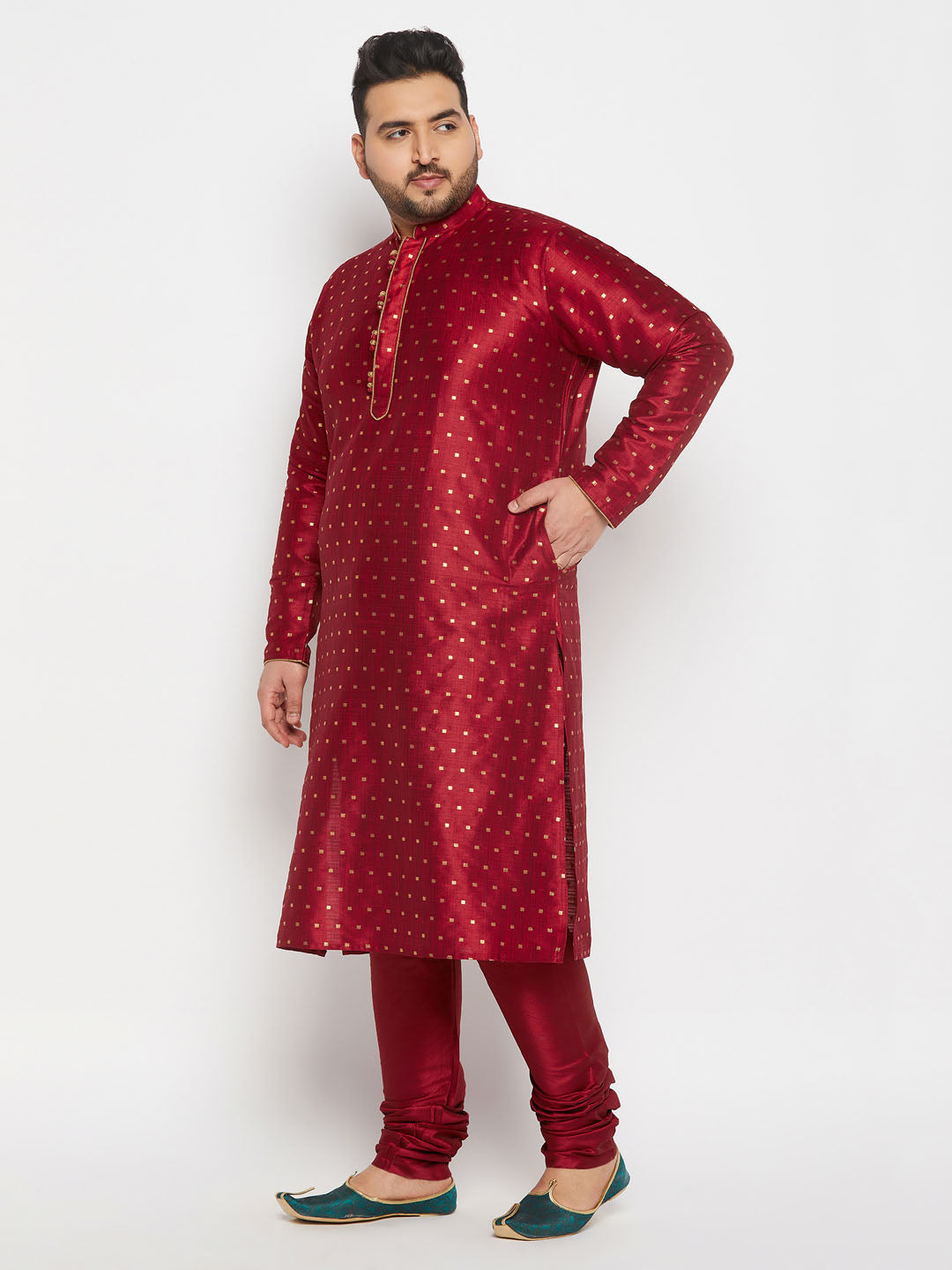 vastramay mens plus size maroon cotton silk blend kurta and pyjama set