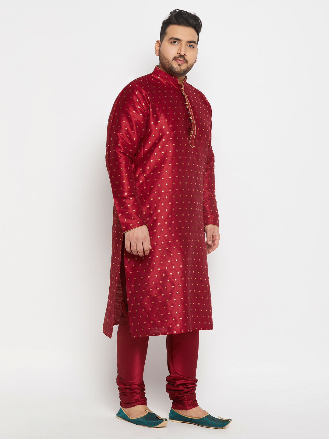 vastramay mens plus size maroon cotton silk blend kurta and pyjama set