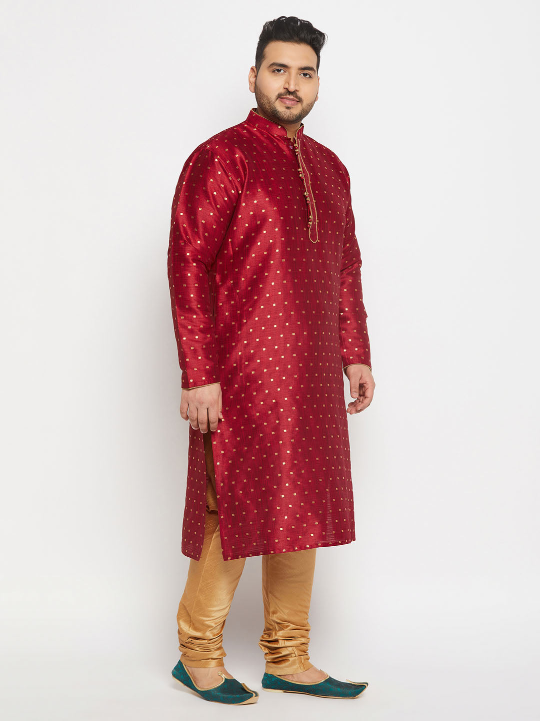 vastramay mens plus size maroon cotton silk blend kurta and rose gold pyjama set