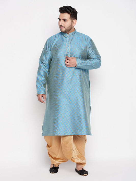 Vastramay mens plus size aqua bluewoven kurta and rose gold dhoti set