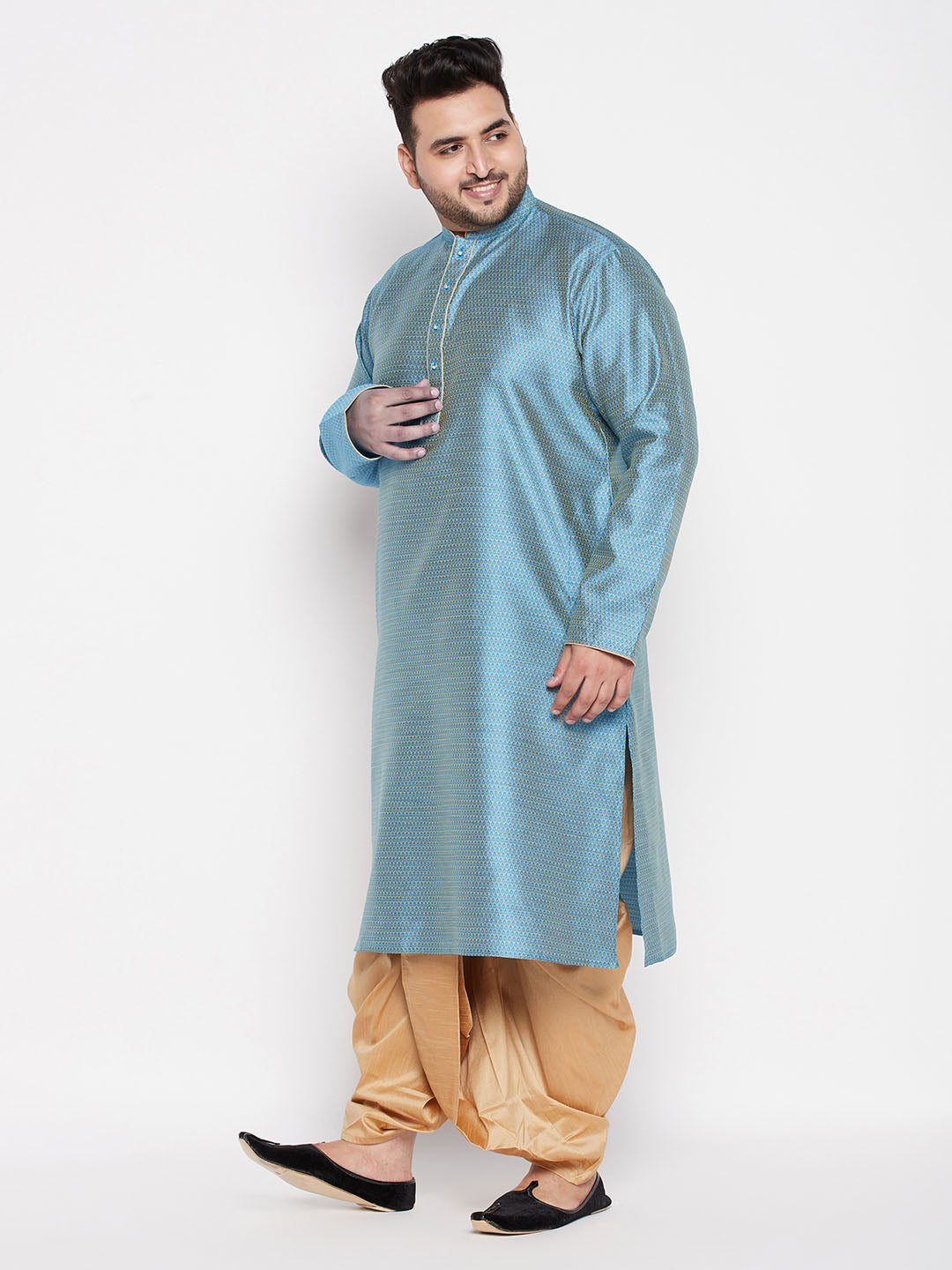 Vastramay mens plus size aqua bluewoven kurta and rose gold dhoti set