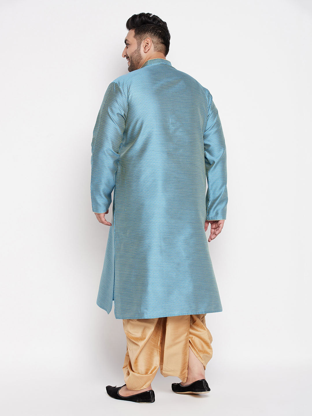 Vastramay mens plus size aqua bluewoven kurta and rose gold dhoti set