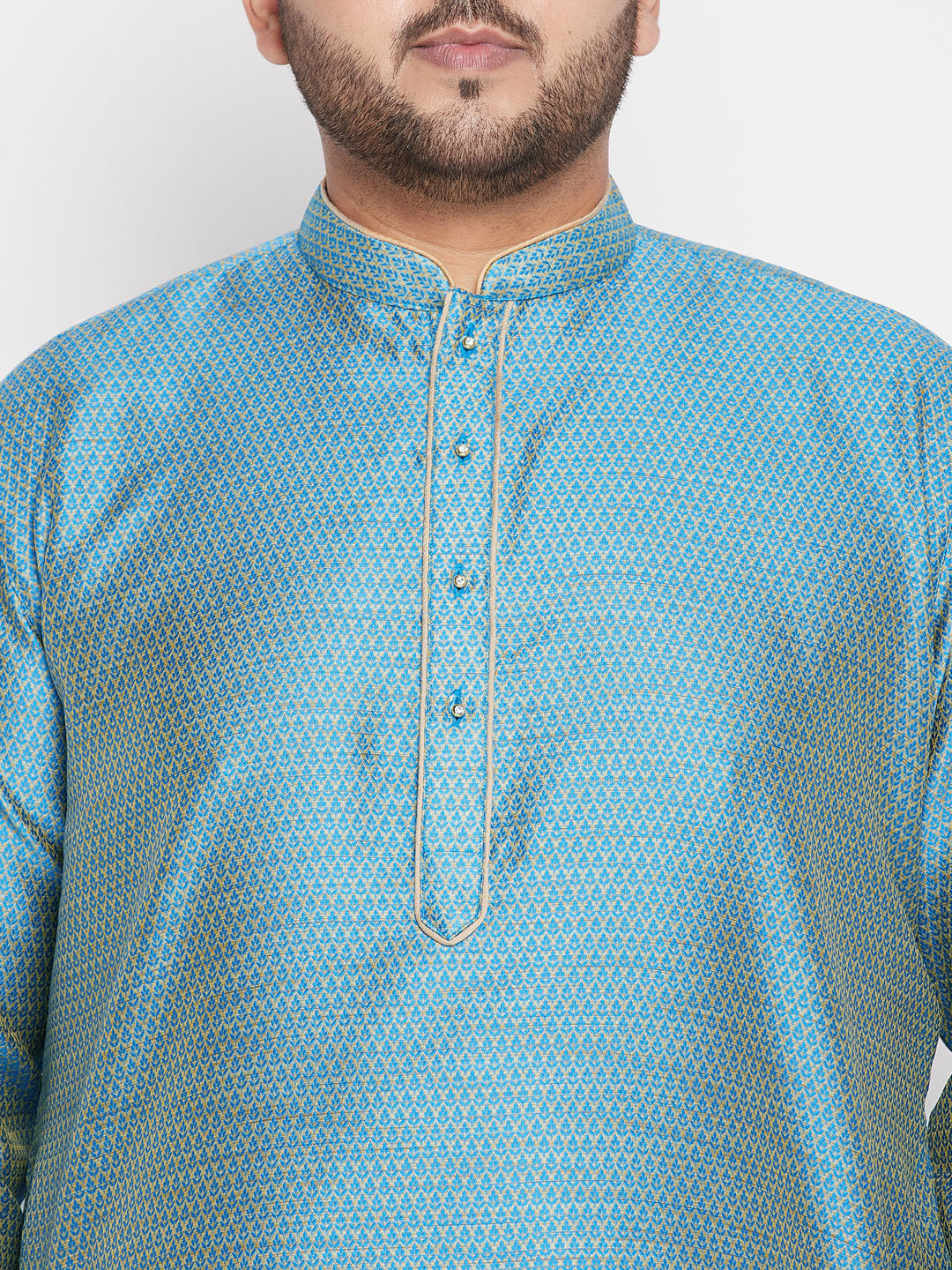 Vastramay mens plus size aqua bluewoven kurta and rose gold dhoti set