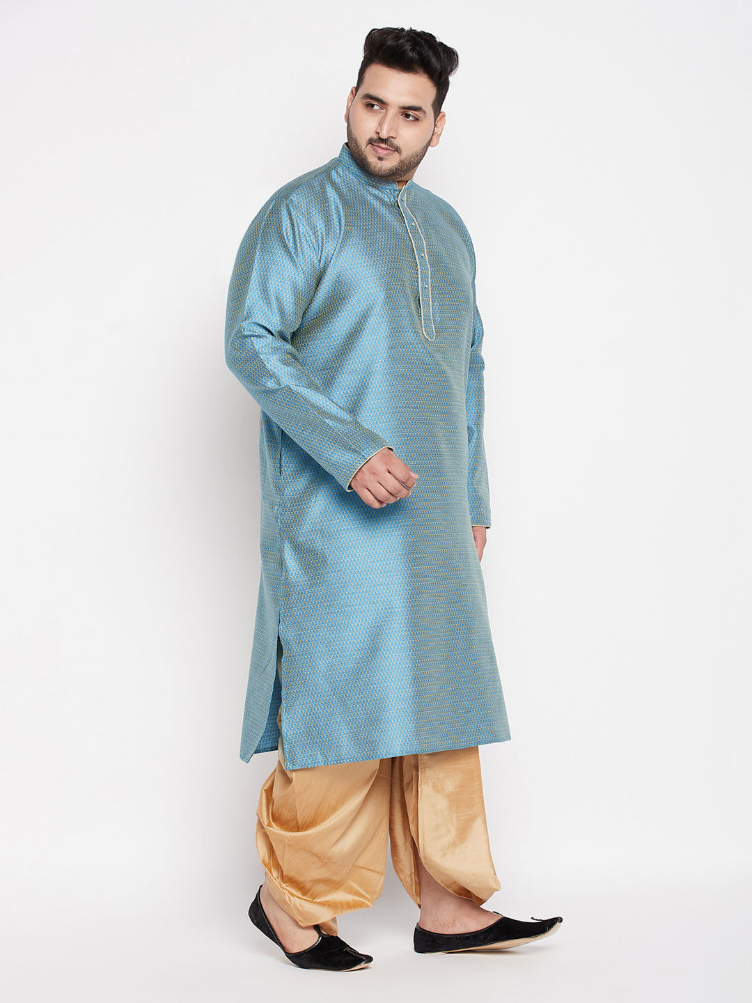 Vastramay mens plus size aqua bluewoven kurta and rose gold dhoti set