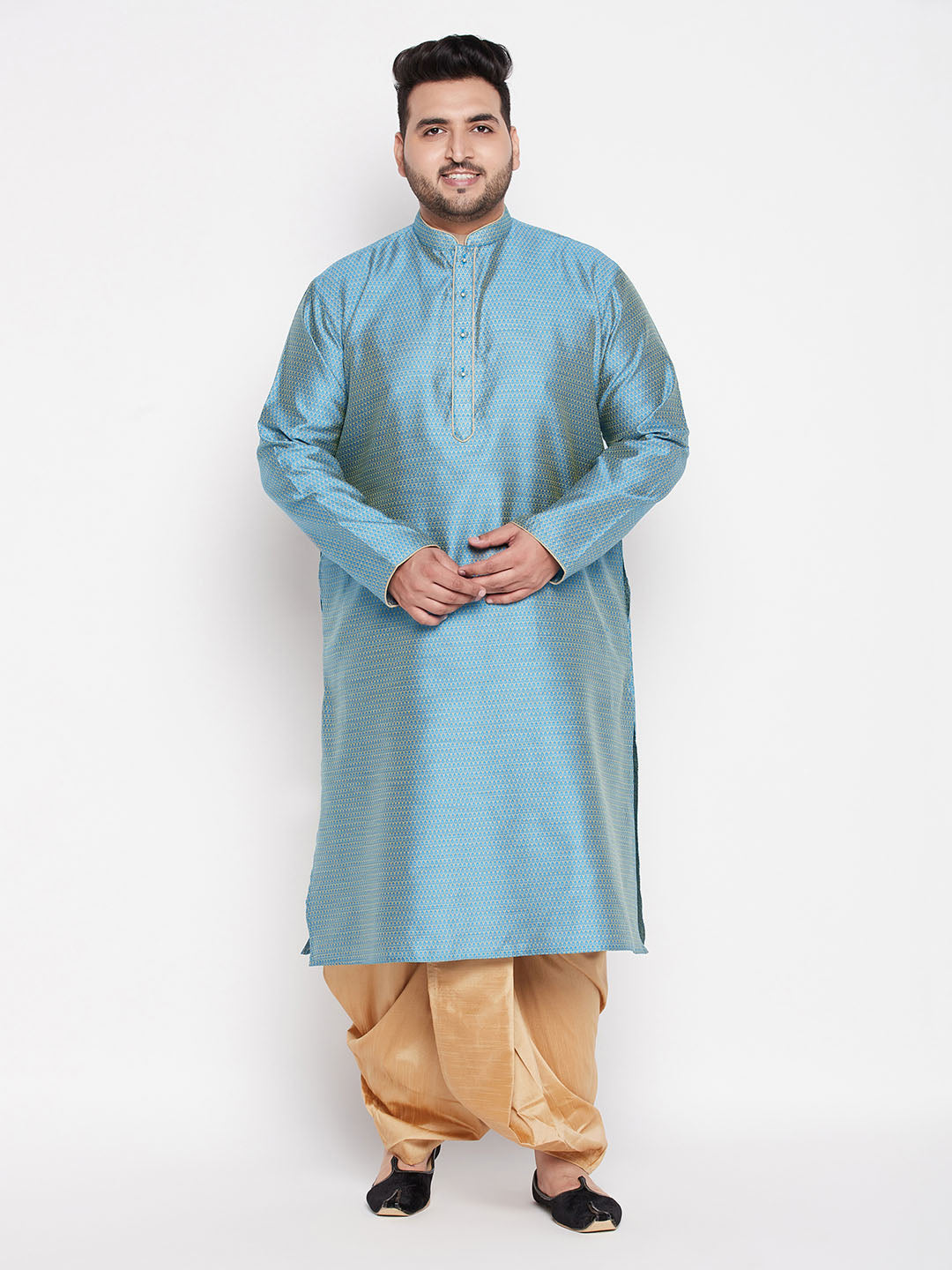 Vastramay Men's Plus Size Aqua Blue Woven Kurta And Rose Gold Dhoti Set