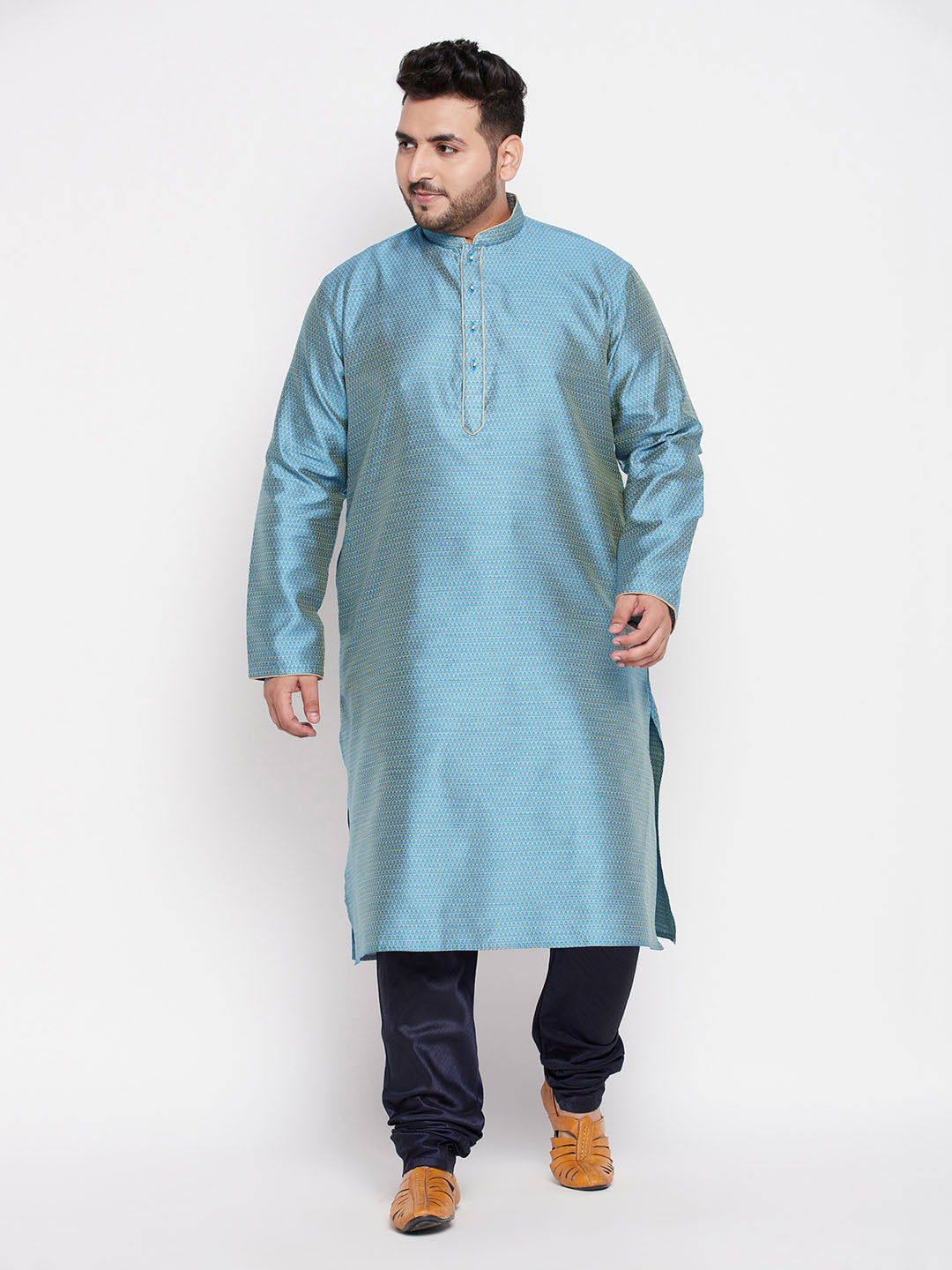 Vastramay mens plus size aqua blue woven kurta and navy blue pyjama set