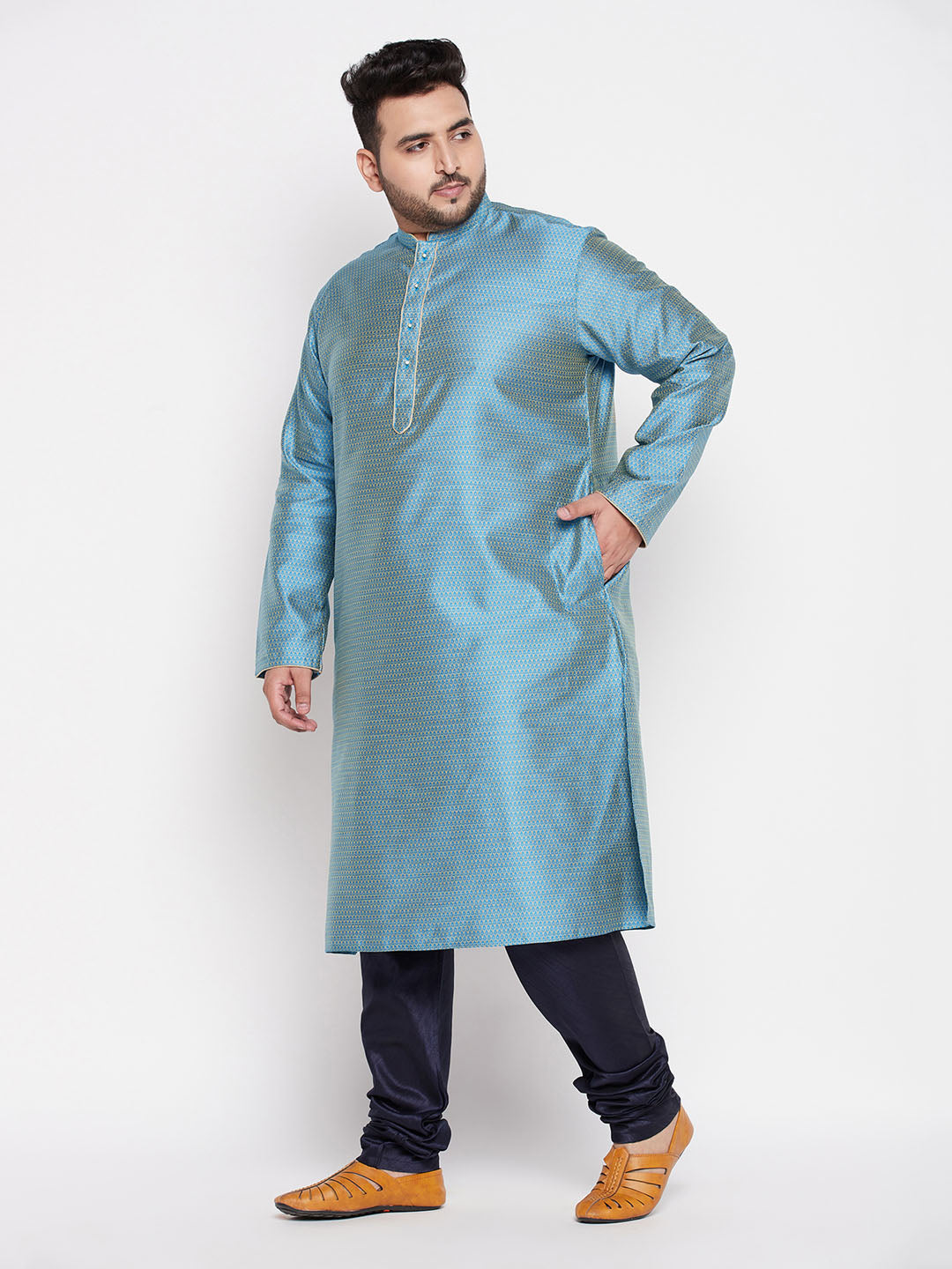 Vastramay mens plus size aqua blue woven kurta and navy blue pyjama set