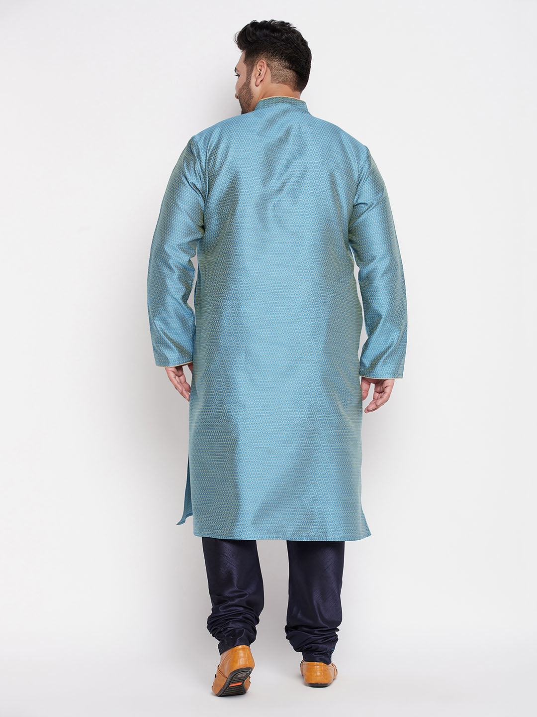 Vastramay mens plus size aqua blue woven kurta and navy blue pyjama set