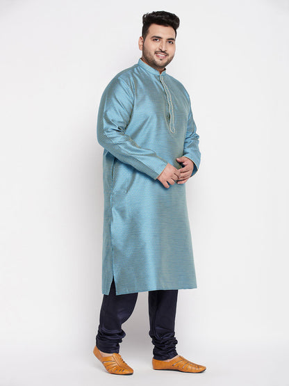 Vastramay mens plus size aqua blue woven kurta and navy blue pyjama set