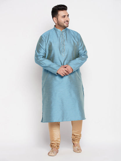 Vastramay mens plus size aqua blue woven kurta and rose gold pyjama set