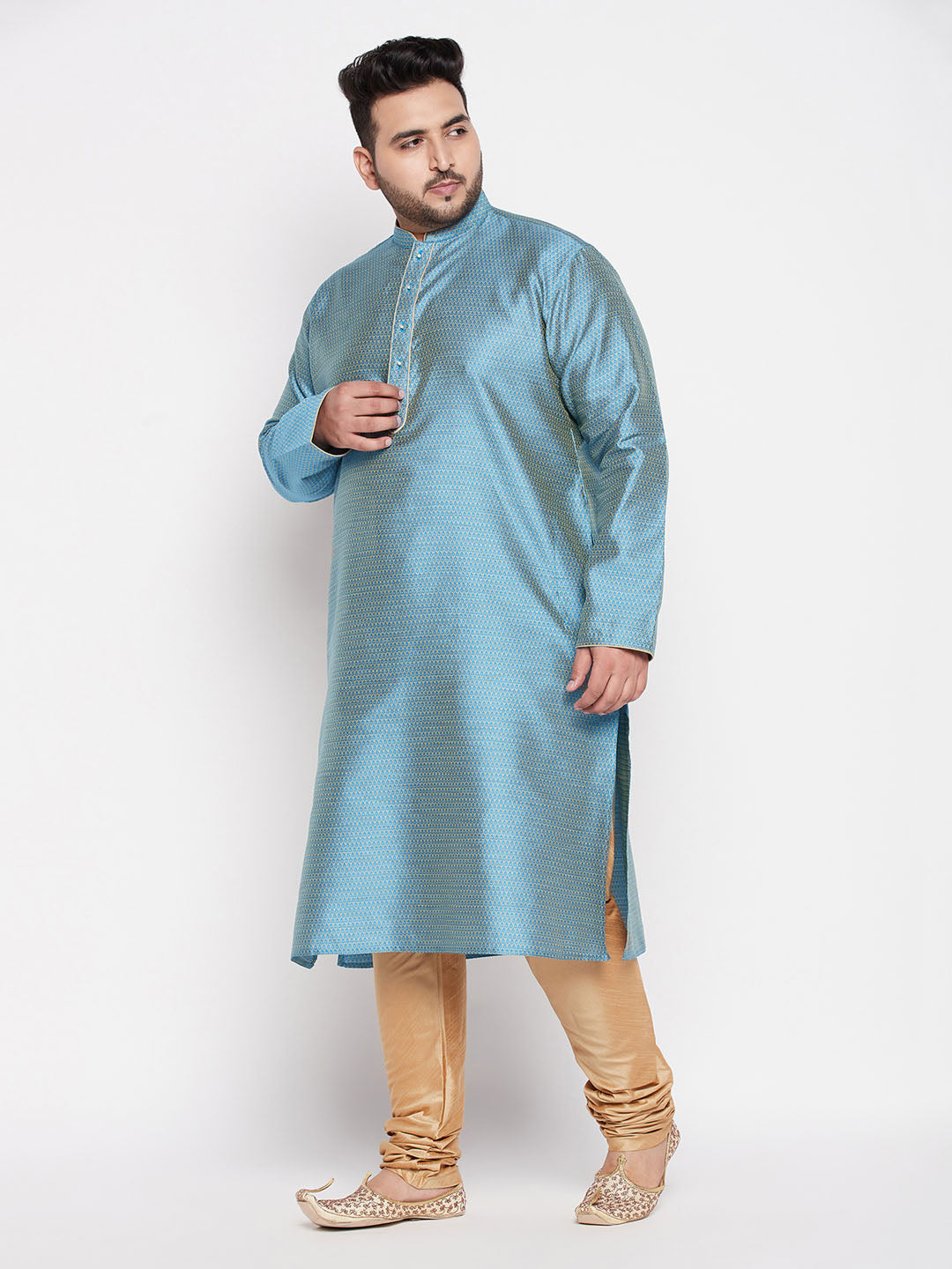 Vastramay mens plus size aqua blue woven kurta and rose gold pyjama set