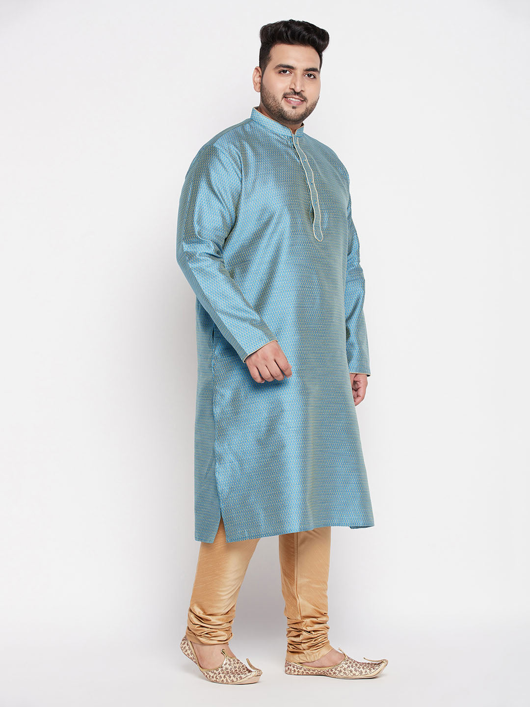 Vastramay mens plus size aqua blue woven kurta and rose gold pyjama set