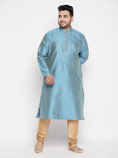 Vastramay Men's Plus Size Aqua Blue Woven Kurta And Rose Gold Pyjama Set