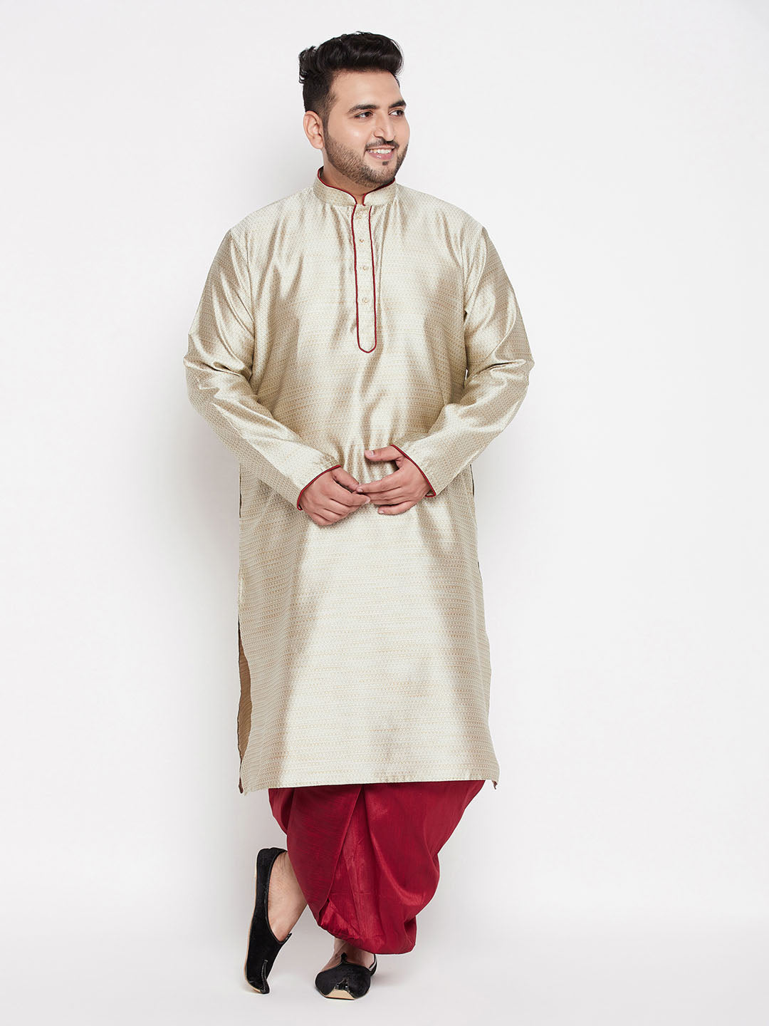 Vastramay mens plus size beige color woven kurta and maroon dhoti set