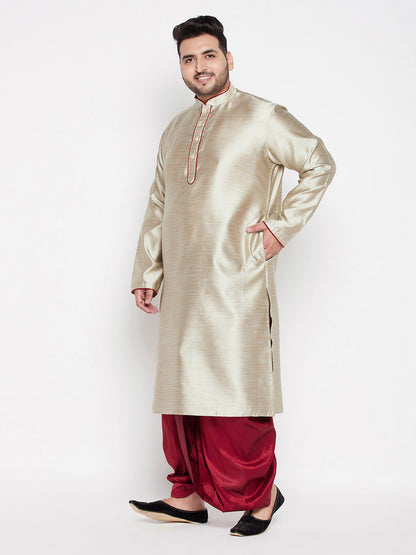 Vastramay mens plus size beige color woven kurta and maroon dhoti set