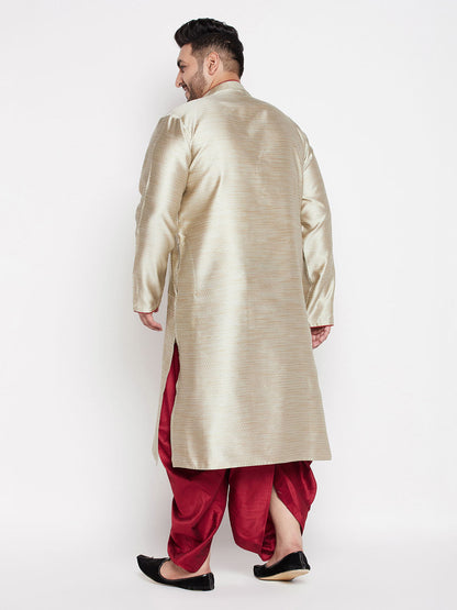 Vastramay mens plus size beige color woven kurta and maroon dhoti set