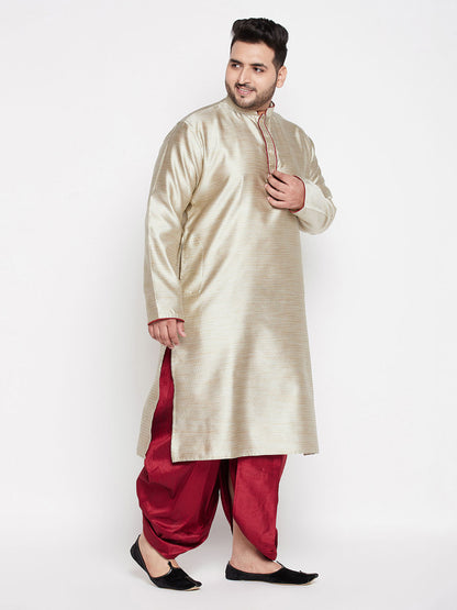 Vastramay mens plus size beige color woven kurta and maroon dhoti set