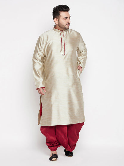 Vastramay Men's Plus Size Beige Woven Kurta And Maroon Dhoti Set