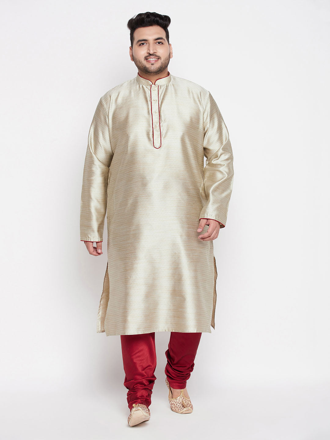 Vastramay mens plus size beige color woven kurta and mareoon pyjama set