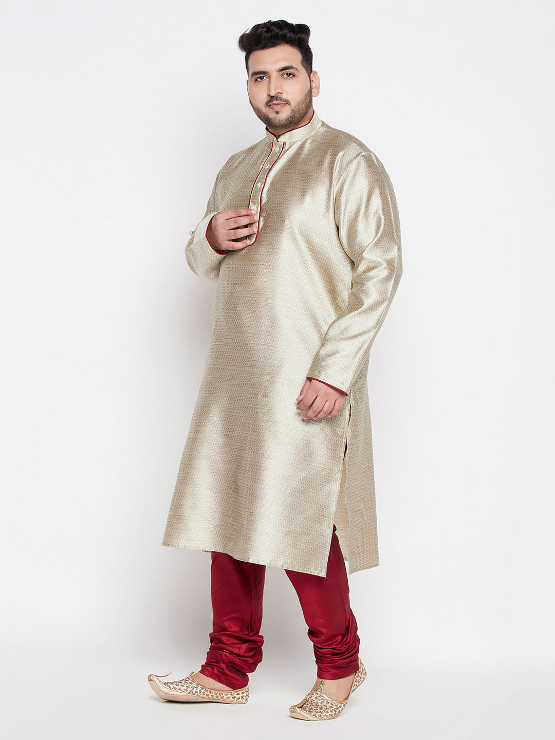 Vastramay mens plus size beige color woven kurta and mareoon pyjama set