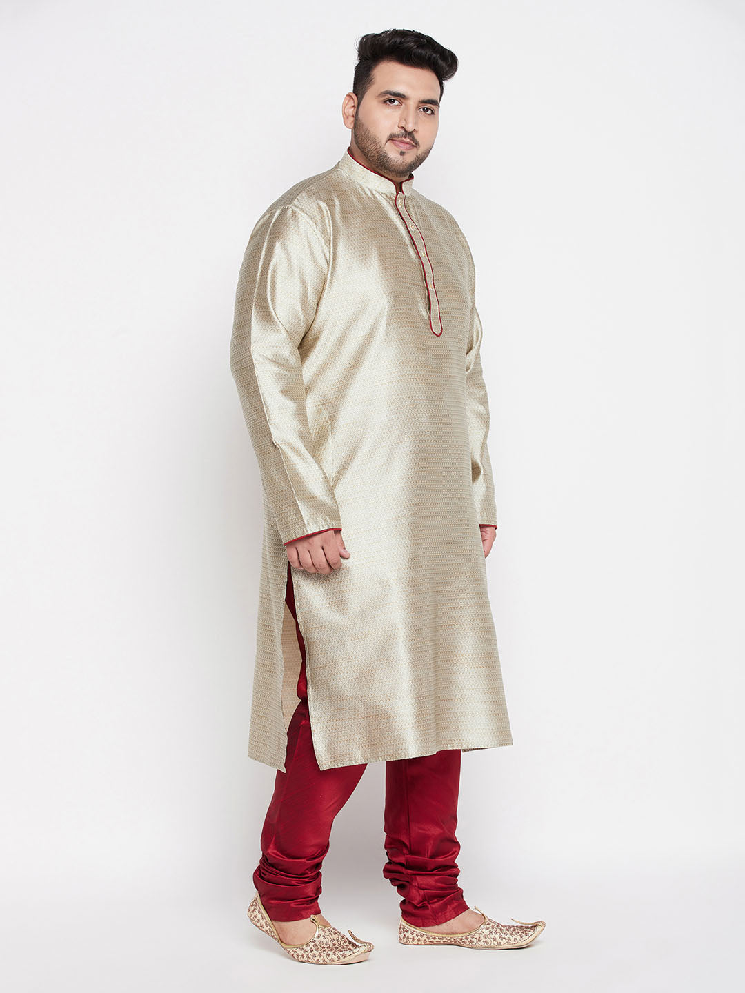 Vastramay mens plus size beige color woven kurta and mareoon pyjama set