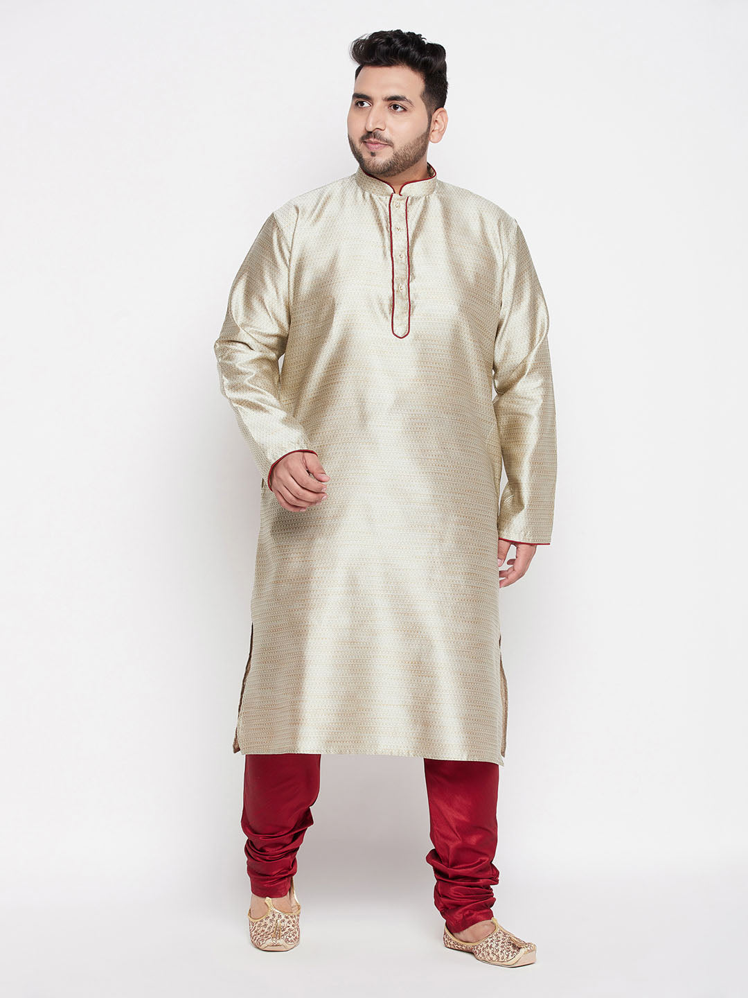 Vastramay Men's Plus Size Beige Woven Kurta And Maroon Pyjama Set