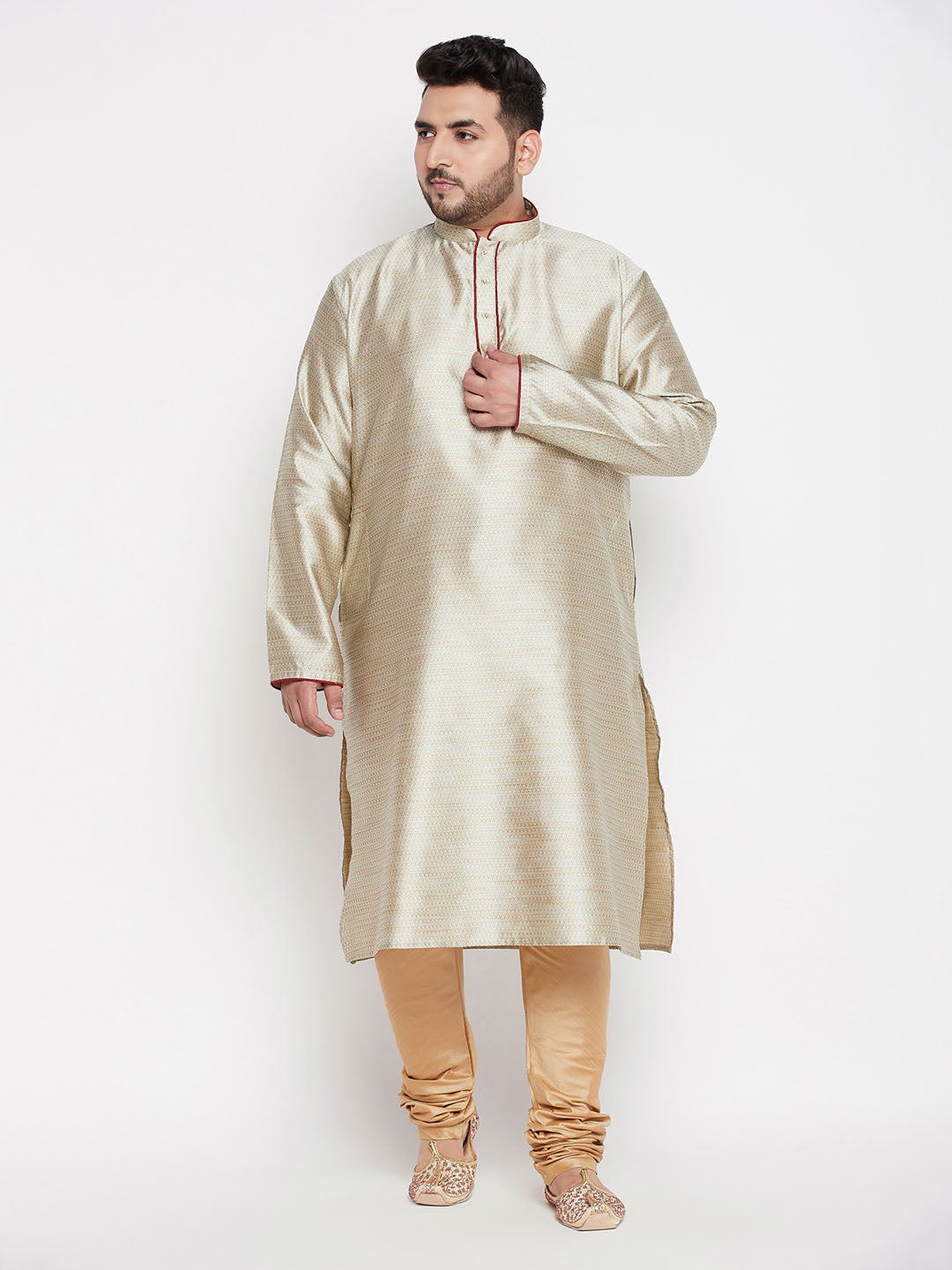 Vastramay mens plus size beige color woven kurta and rose gold pyjama set