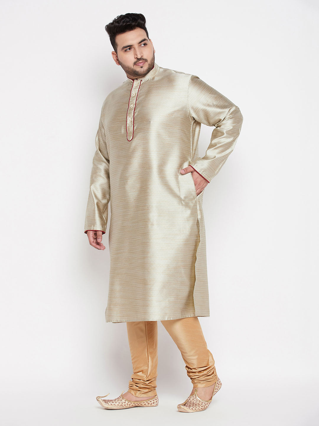 Vastramay mens plus size beige color woven kurta and rose gold pyjama set