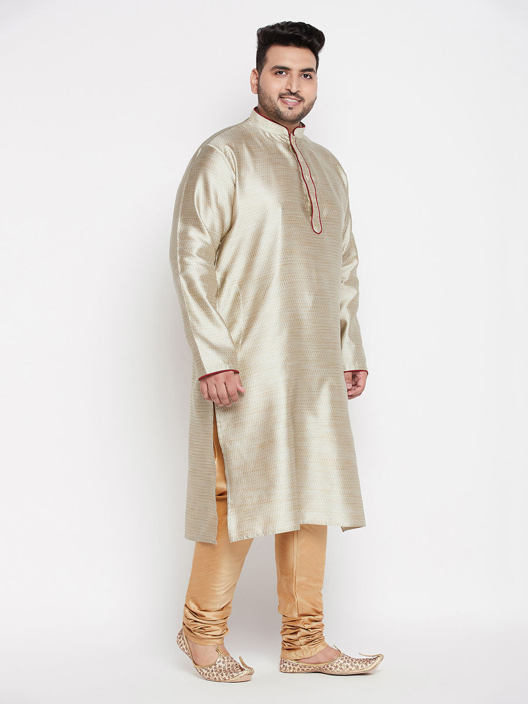 Vastramay mens plus size beige color woven kurta and rose gold pyjama set