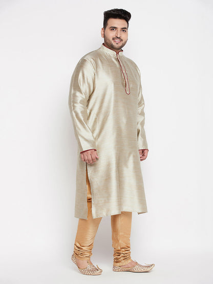 Vastramay mens plus size beige color woven kurta and rose gold pyjama set