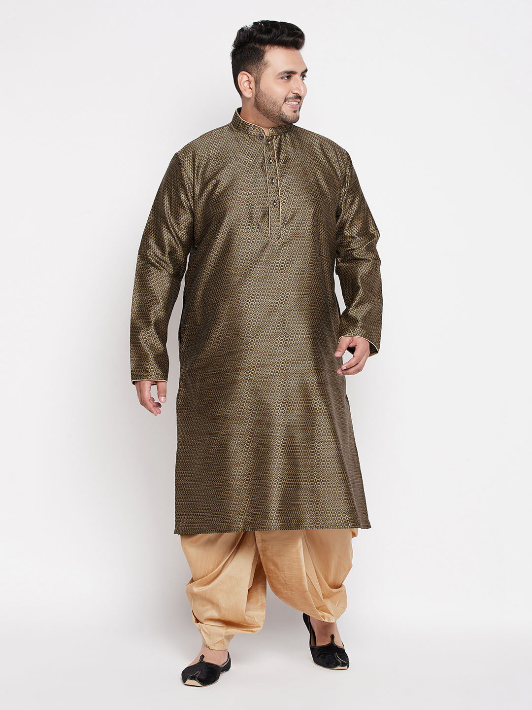 Vastramay mens plus size black color woven kurta and rose gold dhoti set