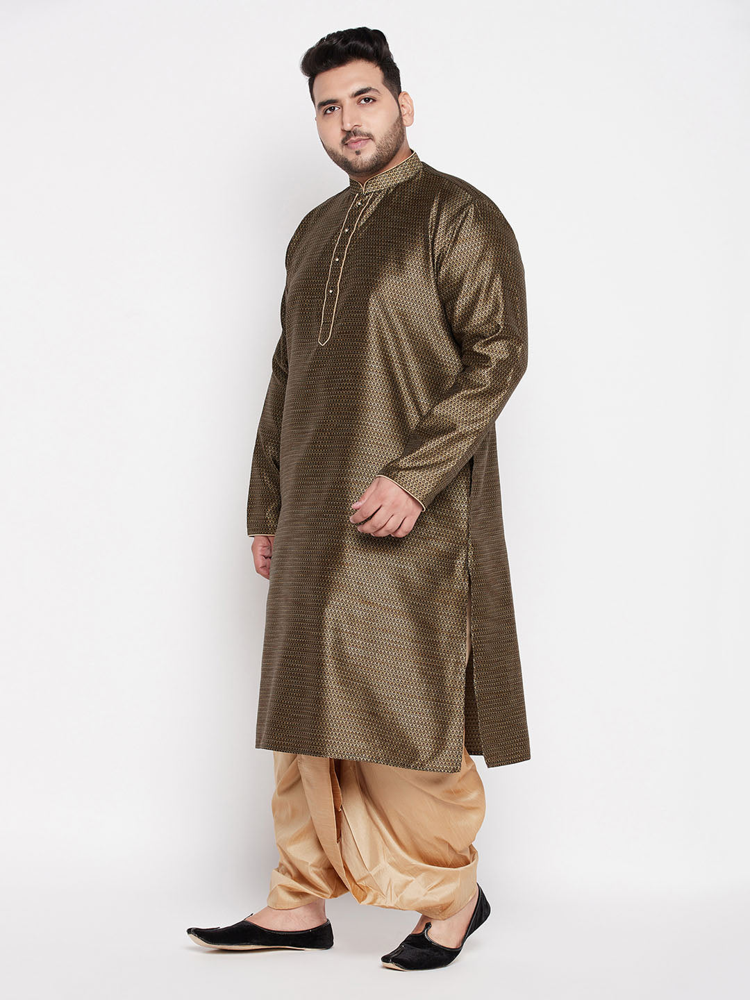 Vastramay mens plus size black color woven kurta and rose gold dhoti set