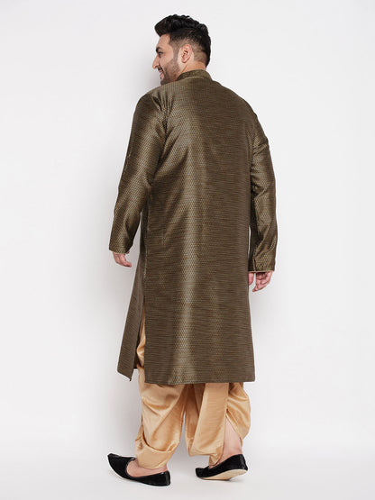 Vastramay mens plus size black color woven kurta and rose gold dhoti set