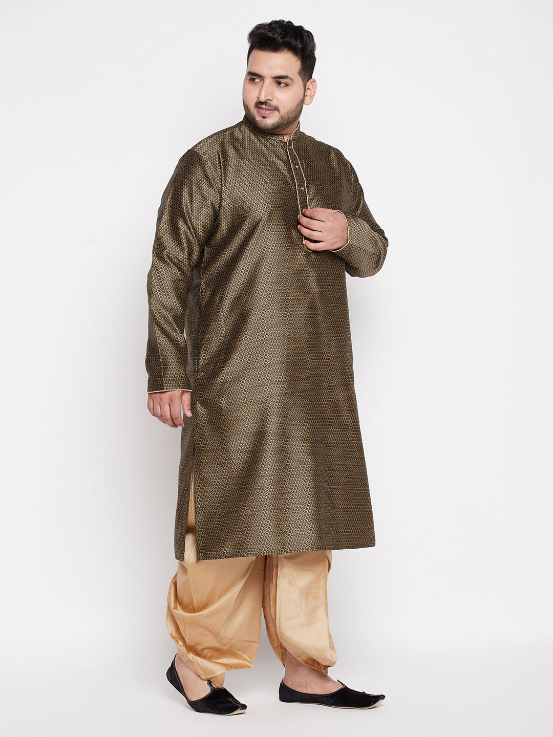 Vastramay mens plus size black color woven kurta and rose gold dhoti set