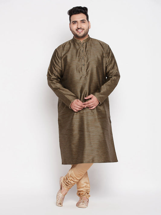 Vastramay mens plus size black color woven kurta and rose gold pyjama set