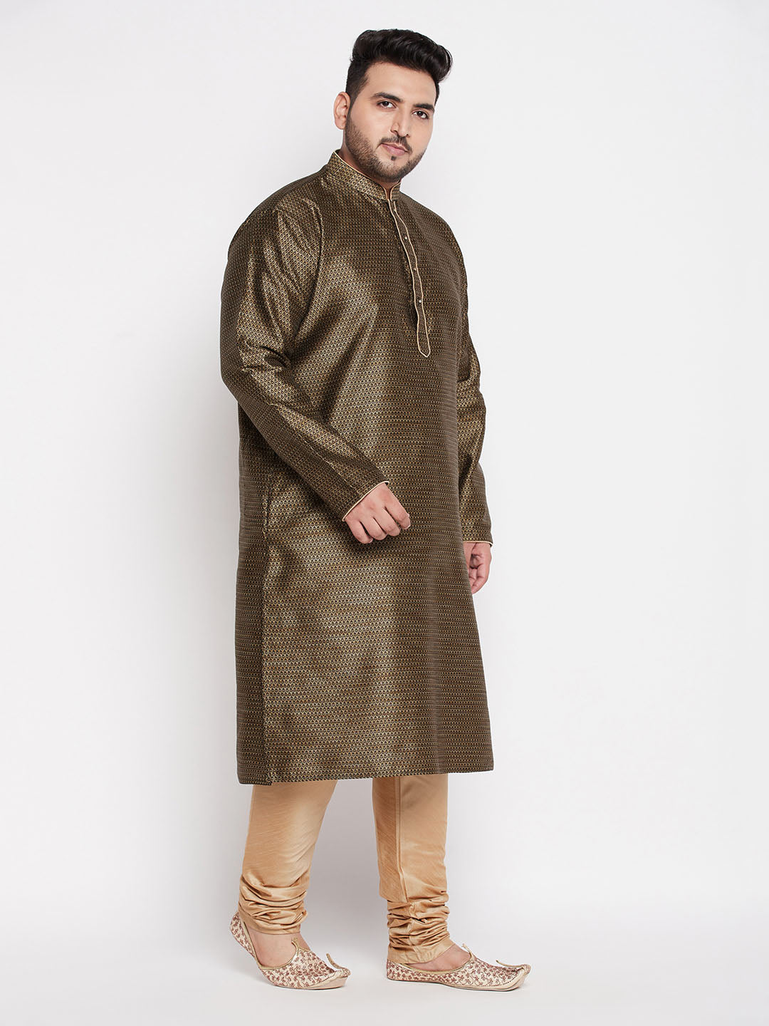 Vastramay mens plus size black color woven kurta and rose gold pyjama set