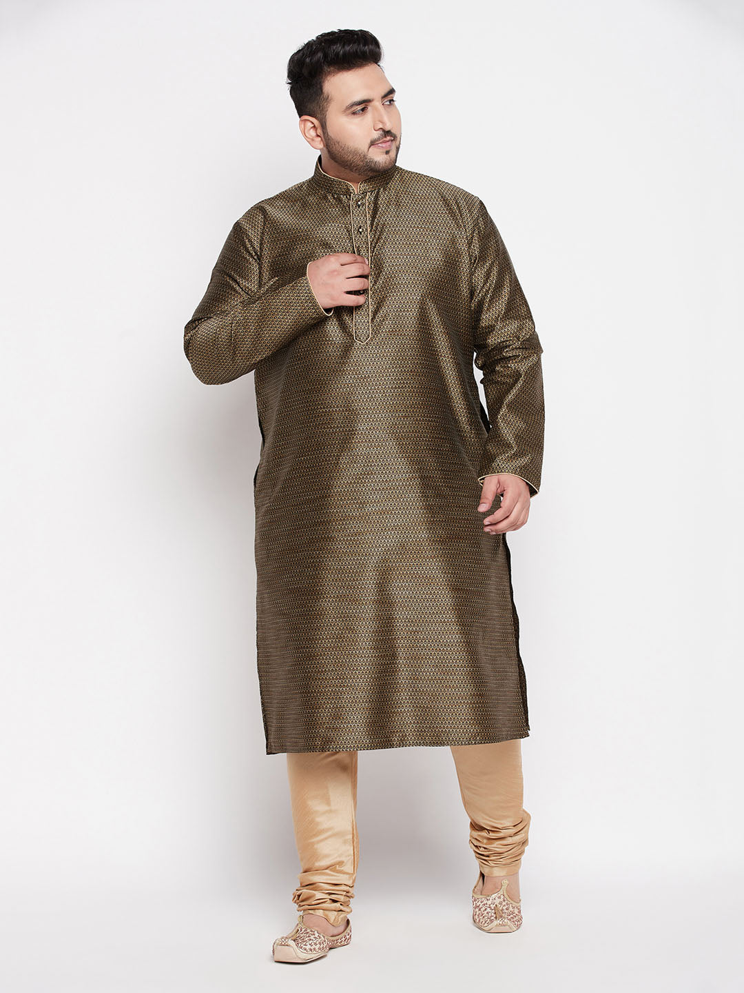 Vastramay Men's Plus Size Black Woven Kurta And Rose Gold Pyjama Set