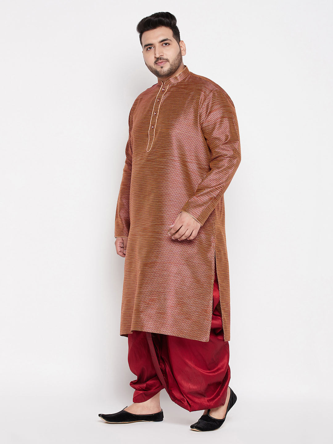 Vastramay mens plus size maroon color woven kurta and maroon color dhoti set