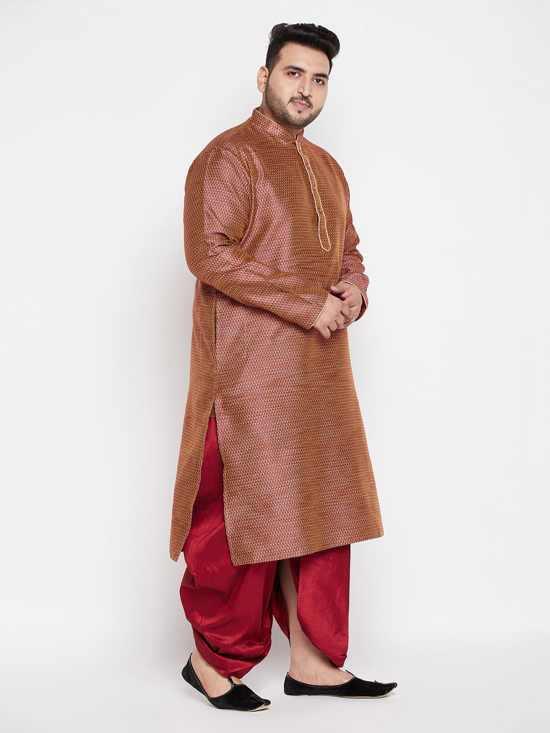 Vastramay mens plus size maroon color woven kurta and maroon color dhoti set