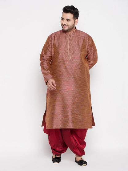 Vastramay Men's Plus Size Maroon Woven Kurta And Maroon Dhoti Set