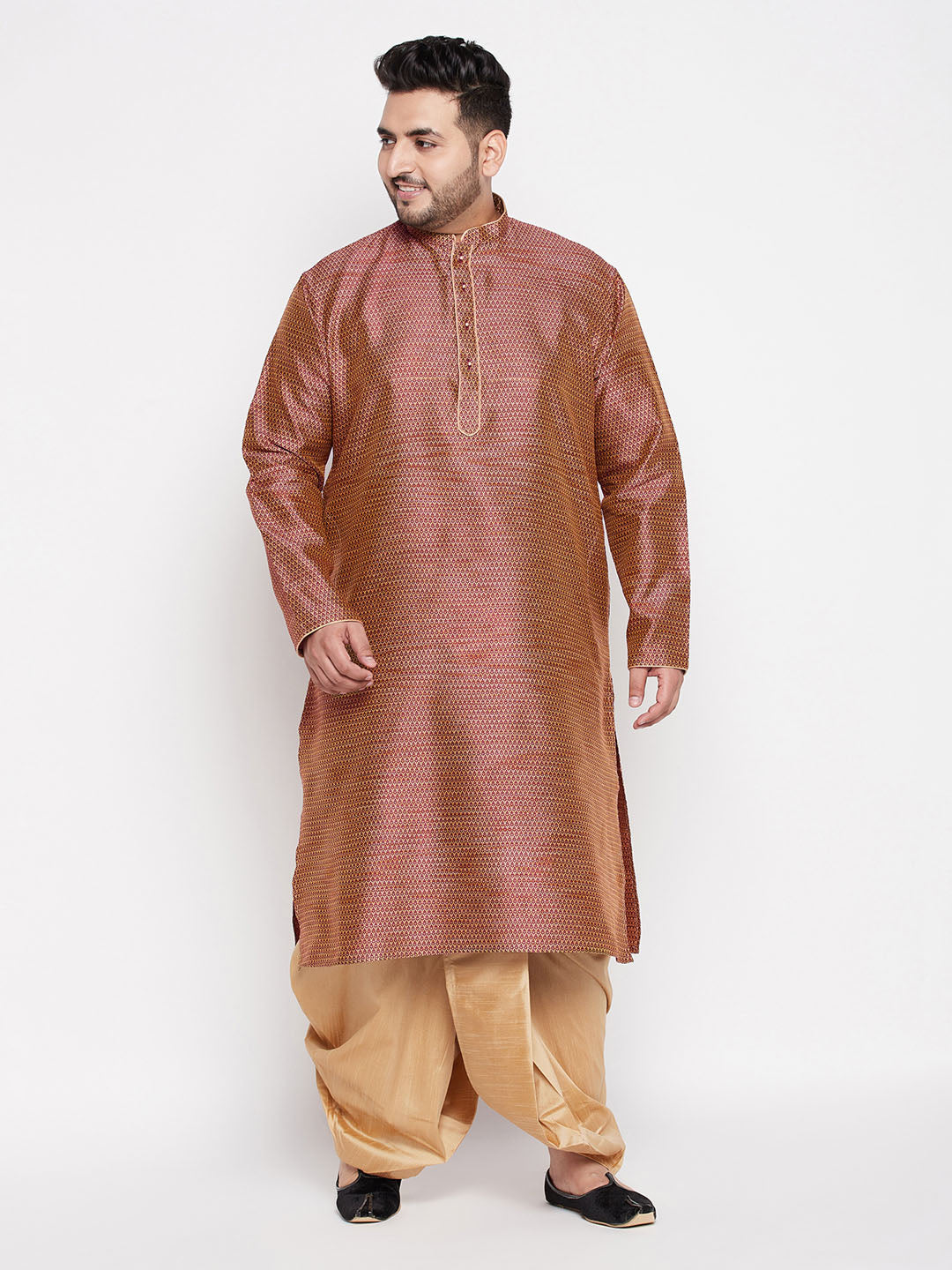 Vastramay mens plus size maroon color woven kurta and rose gold color dhoti set