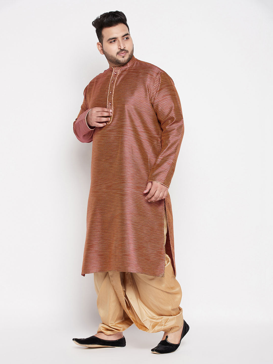 Vastramay mens plus size maroon color woven kurta and rose gold color dhoti set