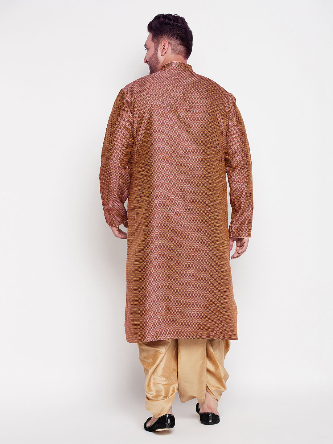 Vastramay mens plus size maroon color woven kurta and rose gold color dhoti set