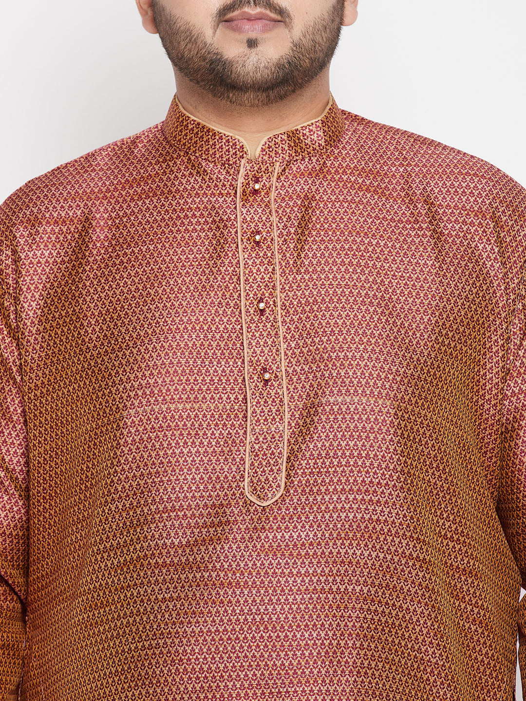 Vastramay mens plus size maroon color woven kurta and rose gold color dhoti set