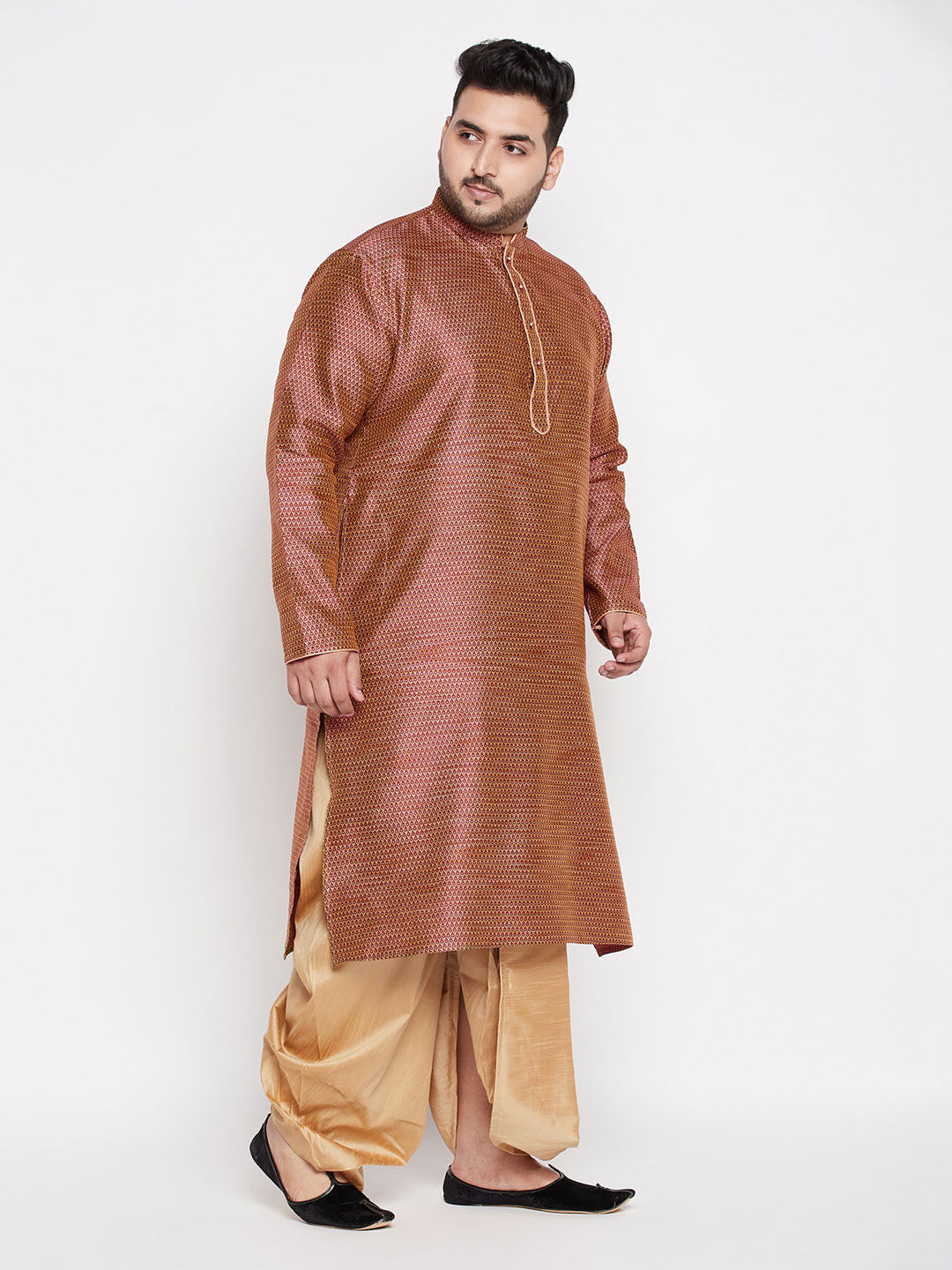 Vastramay mens plus size maroon color woven kurta and rose gold color dhoti set