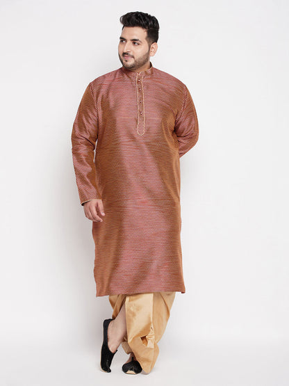 Vastramay Men's Plus Size Maroon Woven Kurta And Rose Gold Dhoti Set