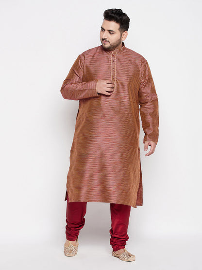 Vastramay Men's Plus Size Maroon Woven Kurta And Maroon Pyjama Set