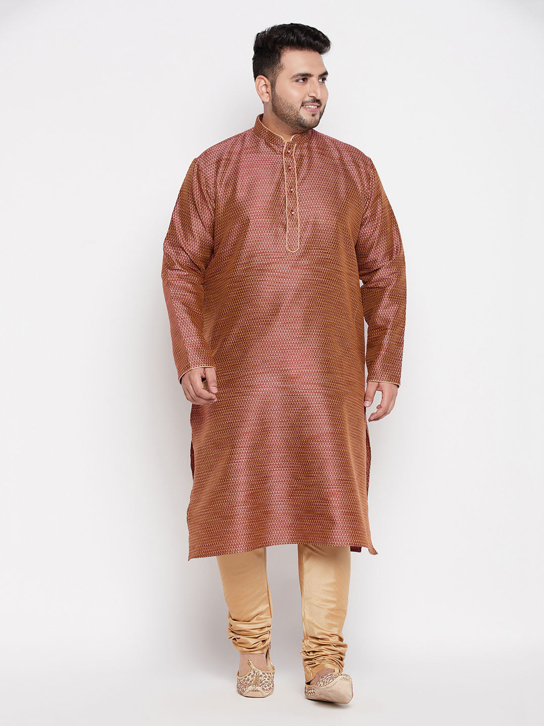 Vastramay mens plus size maroon color woven kurta and rose gold color pyjama set