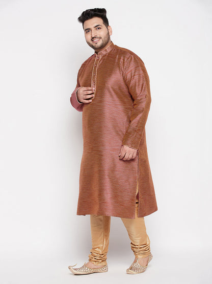 Vastramay mens plus size maroon color woven kurta and rose gold color pyjama set